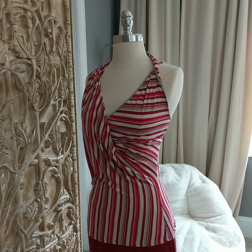 YANSI FUGEL Red Metallic Striped Twist Wrap Front Tank Top Size XS